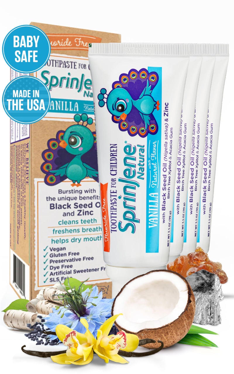 SprinJene Natural Childrens Toothpaste Fluoride Free Vanilla Toothpaste for Toddlers Kids Gentle Safe Natural Formula with Patented Black Seed Oil Zinc Made in The USA 4 Pack
